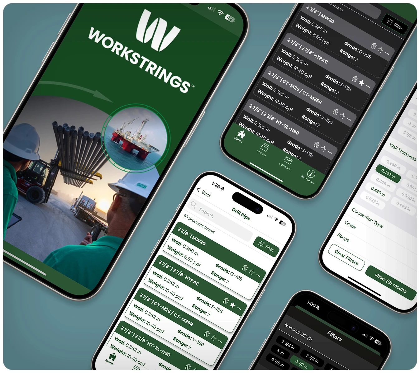 Five screen previews from the Workstrings mobile app