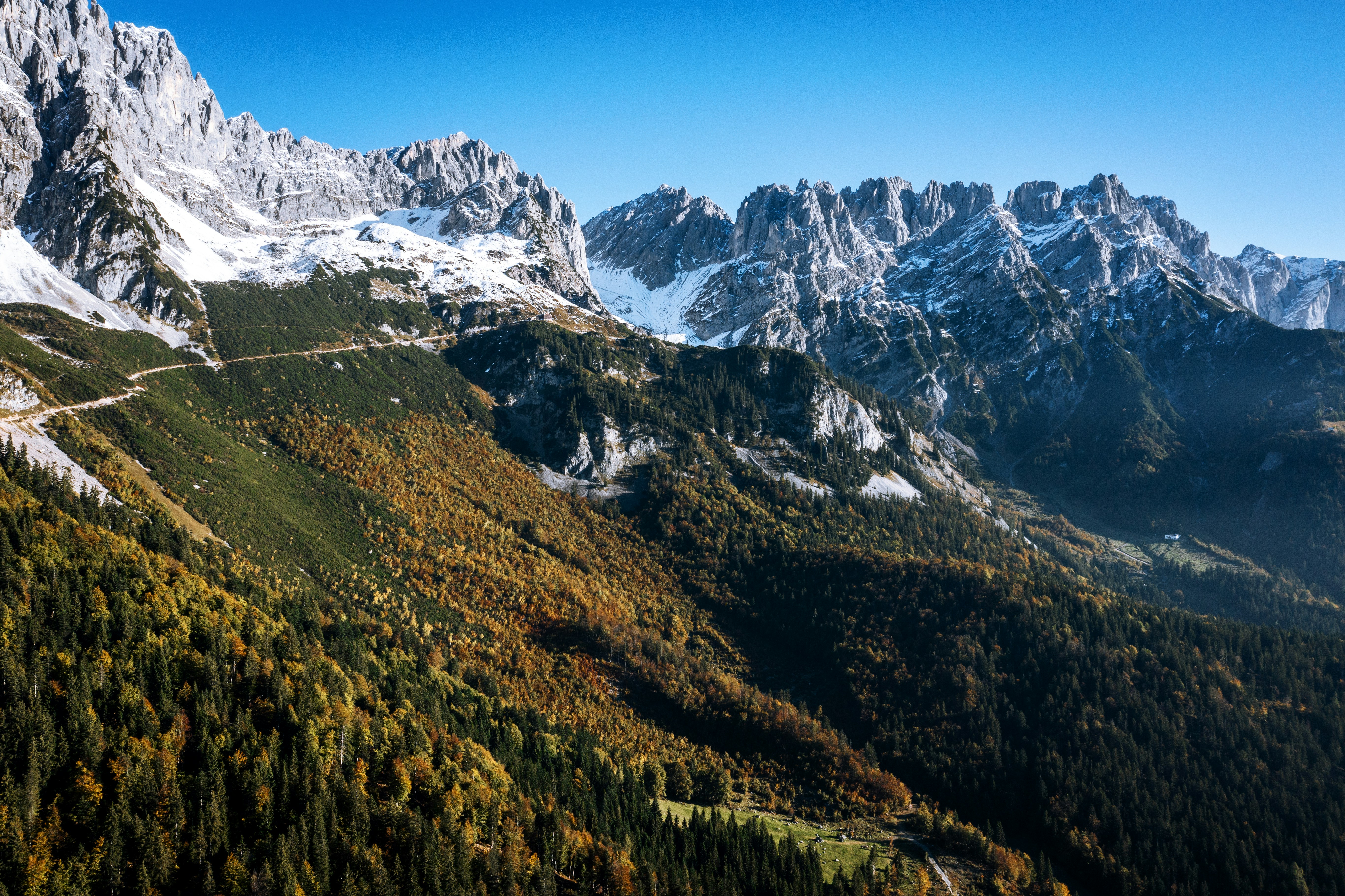 Weitläufige Berglandschaft mit herbstlich gefärbtem Wald und markanten Felsformationen – ideal zum Wandern in den Alpen.
