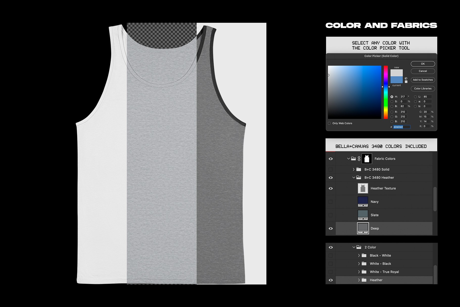 Bella+Canvas 3480 Tanktop Flat mockup fabric color options with Photoshop controls