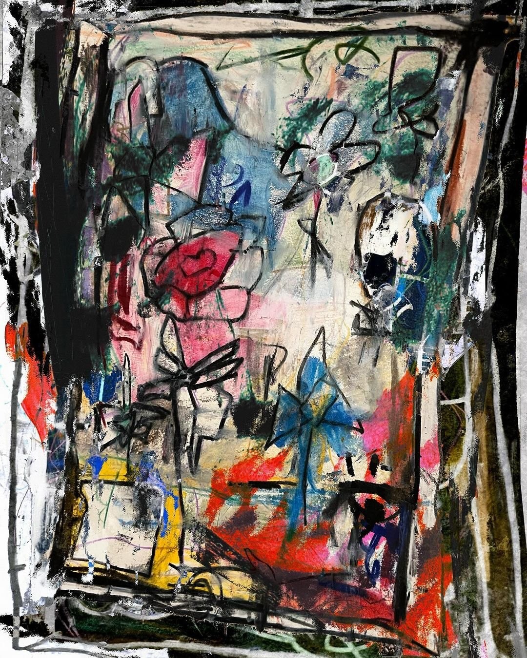 An abstract mixed media painting filled with expressive flower-like shapes and scribbled outlines. The artwork features bold strokes of red, blue, black, and yellow layered on a textured background, evoking a raw, instinctive energy reminiscent of street art or outsider expressionism.