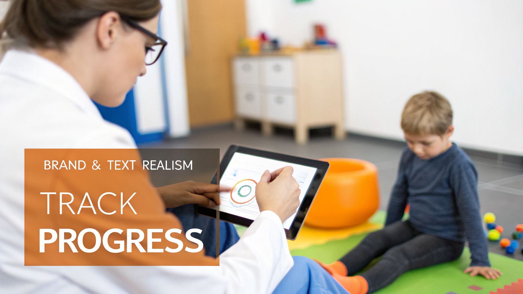 A healthcare professional uses a tablet to track a young boy's developmental progress in a clinic.