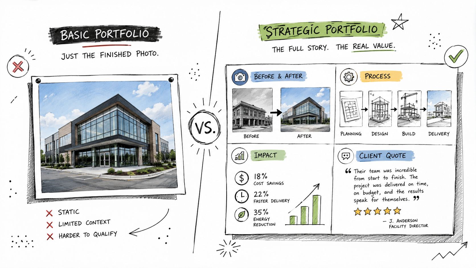 A comparison chart showing the difference between a basic project portfolio photo and a strategic portfolio presentation.