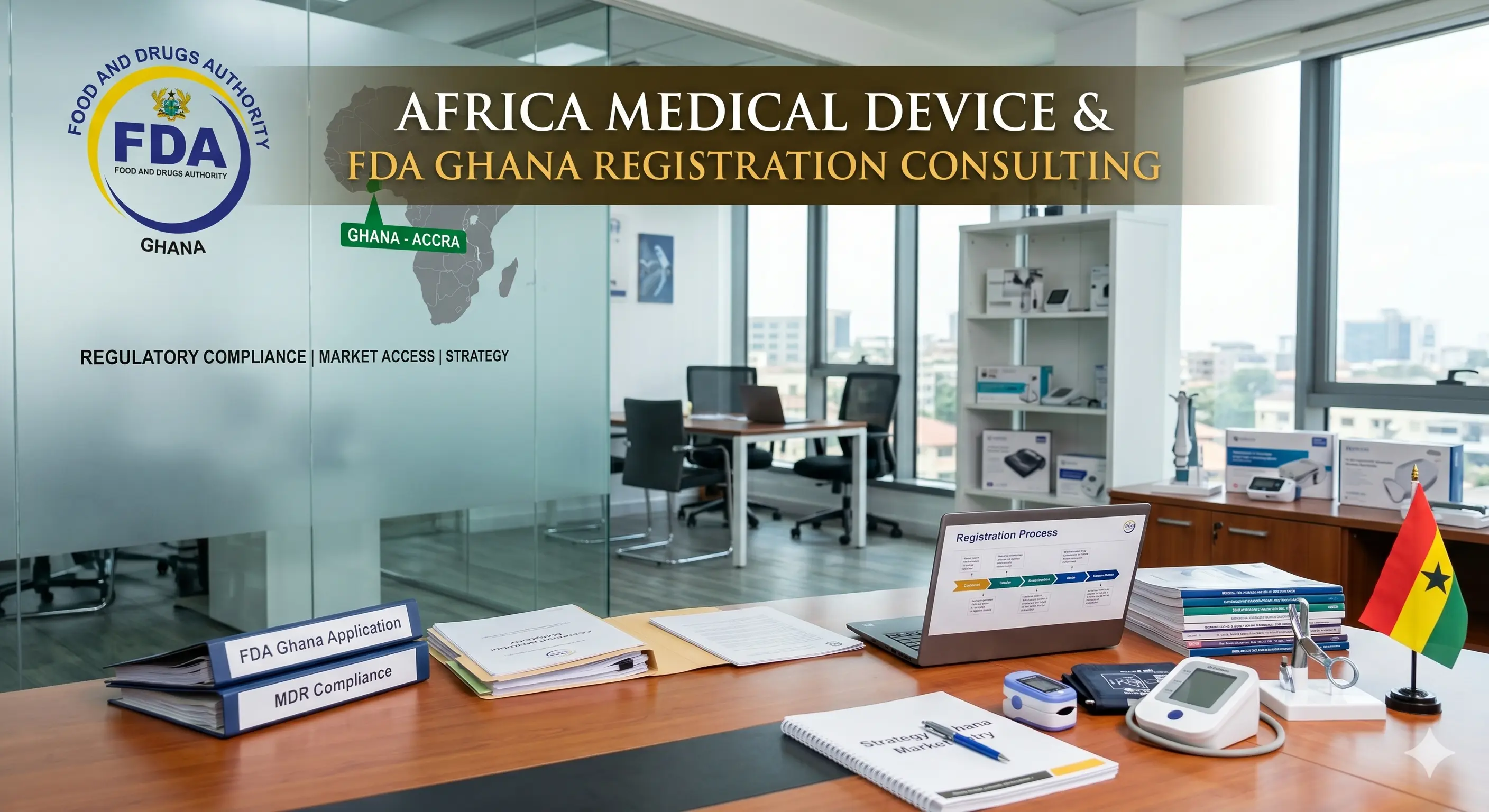 Two regulatory consultants in an office reviewing FDA Ghana medical device registration applications and compliance documents.