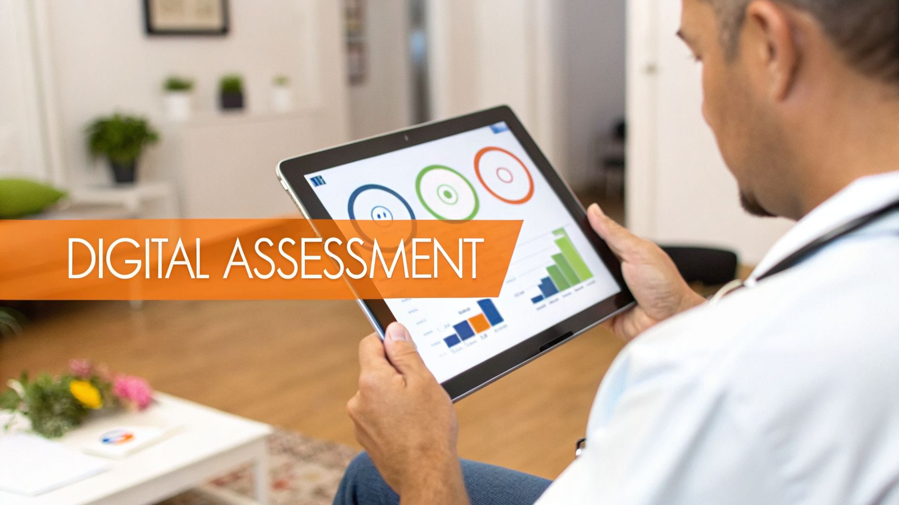 A healthcare professional uses a tablet for digital assessment, viewing various data charts and graphs.
