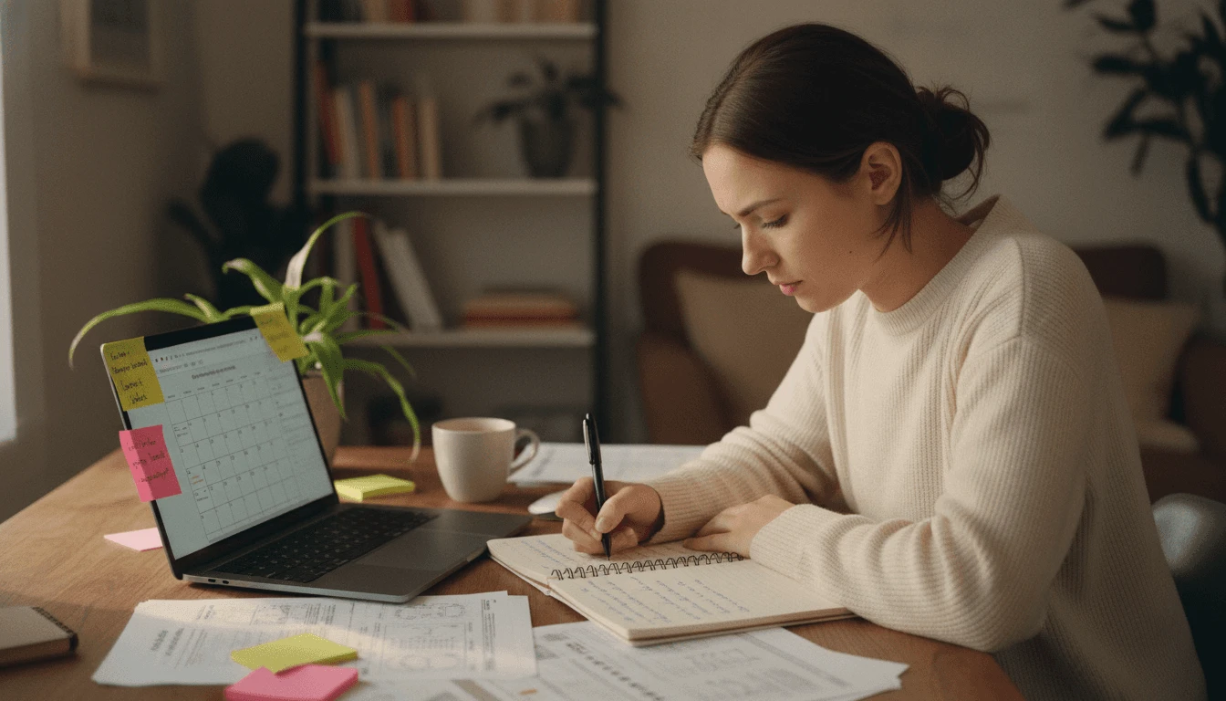 A woman sits at a desk, head down in focused concentration, writing detailed notes in an open notebook. Her hands and the handwritten page are sharp in the foreground, while her face is softly blurred in the background. Warm natural side lighting, minimal desk surface, candid and unposed.