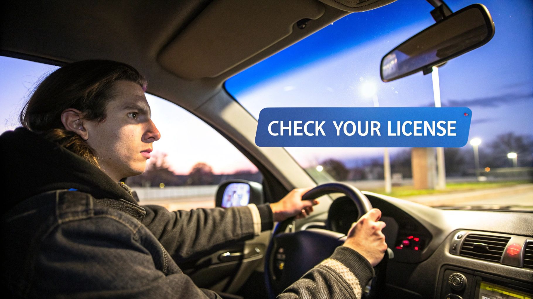 A man driving a car, looking forward, with an overlay 