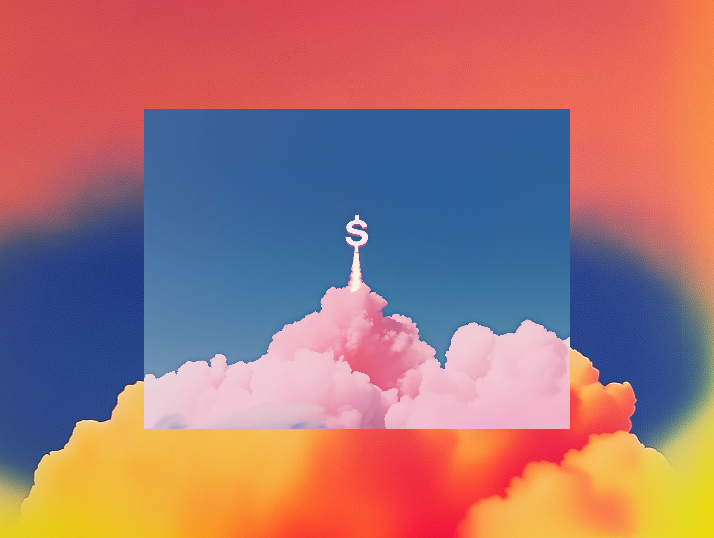 Colorful clouds that has a dollar sign raket in the middle taking off