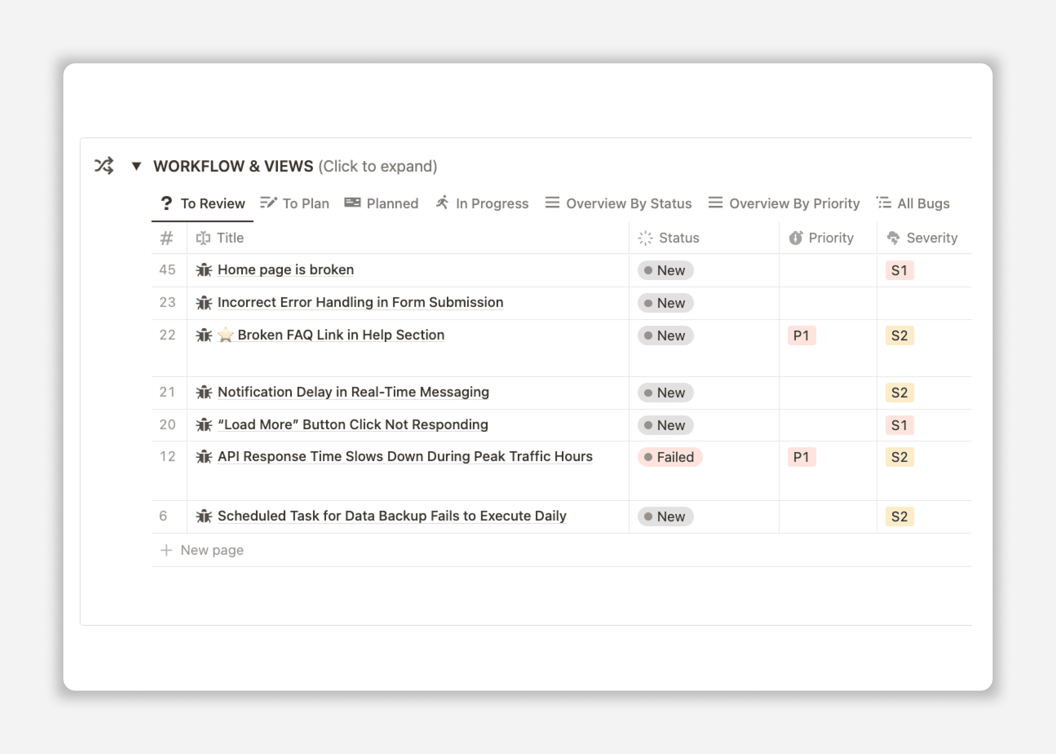 Notion Bug Tracker Template - Workflow Area