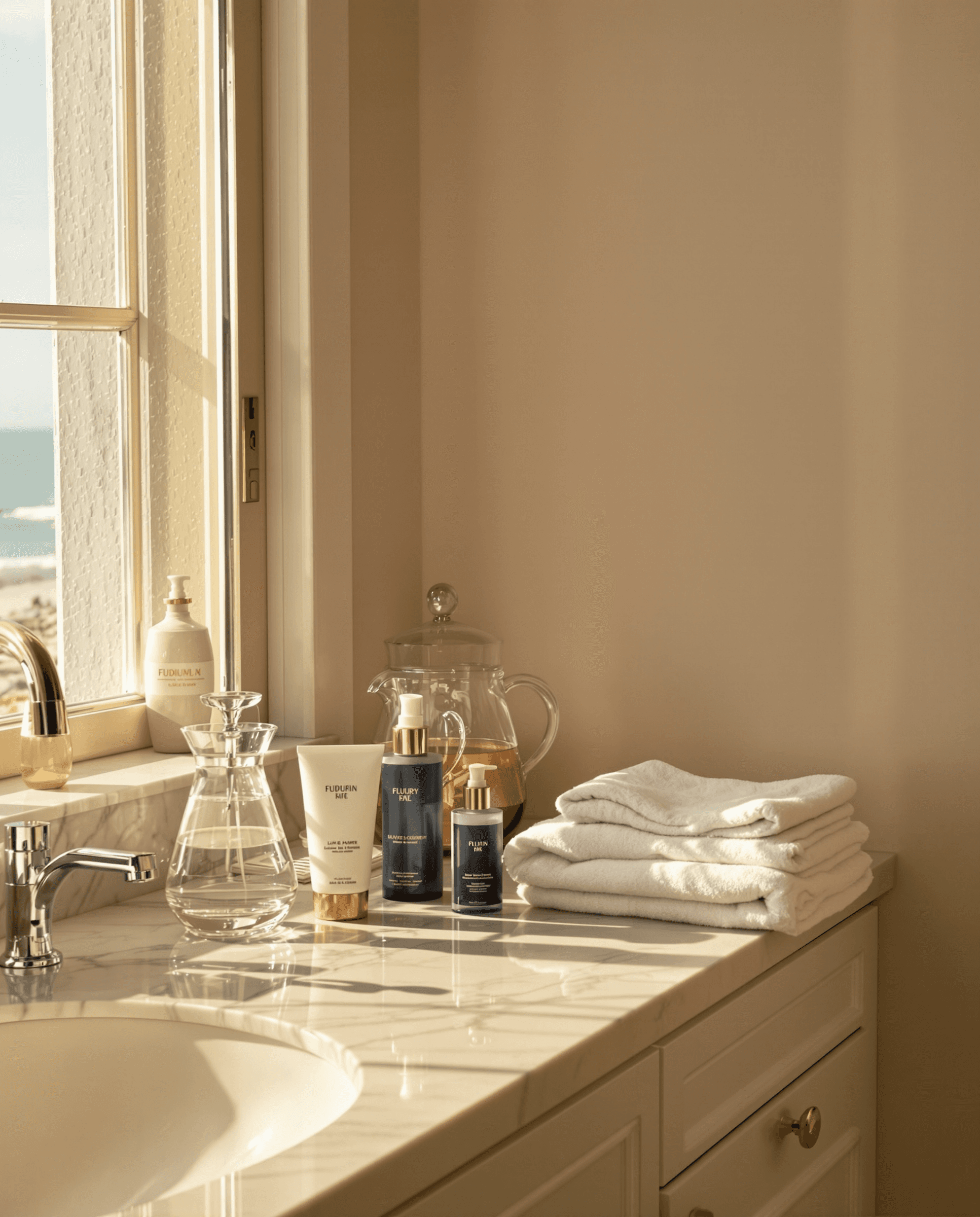 Sunlit bathroom vanity with ocean view window, luxury skincare products, folded white towels, and coastal natural light
