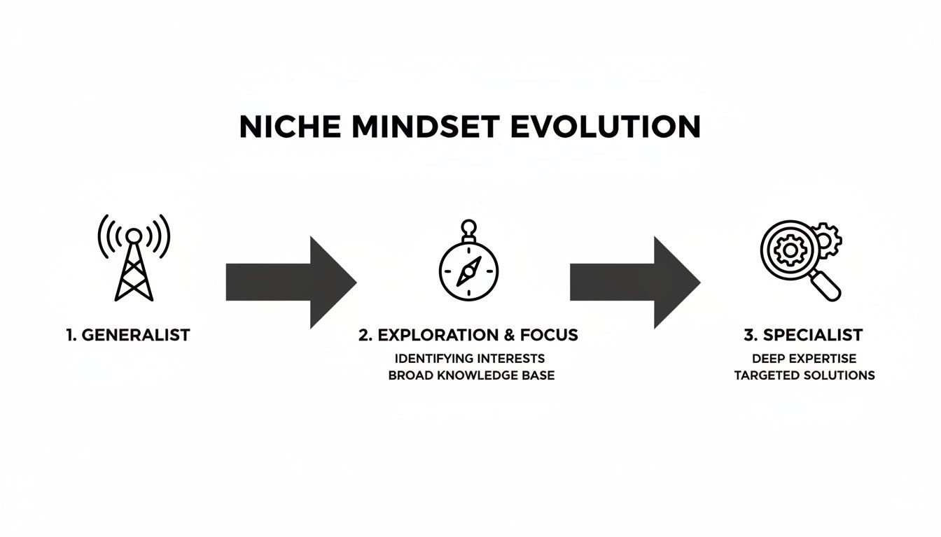 Infographic illustrating the Niche Mindset Evolution process from generalist to specialist.