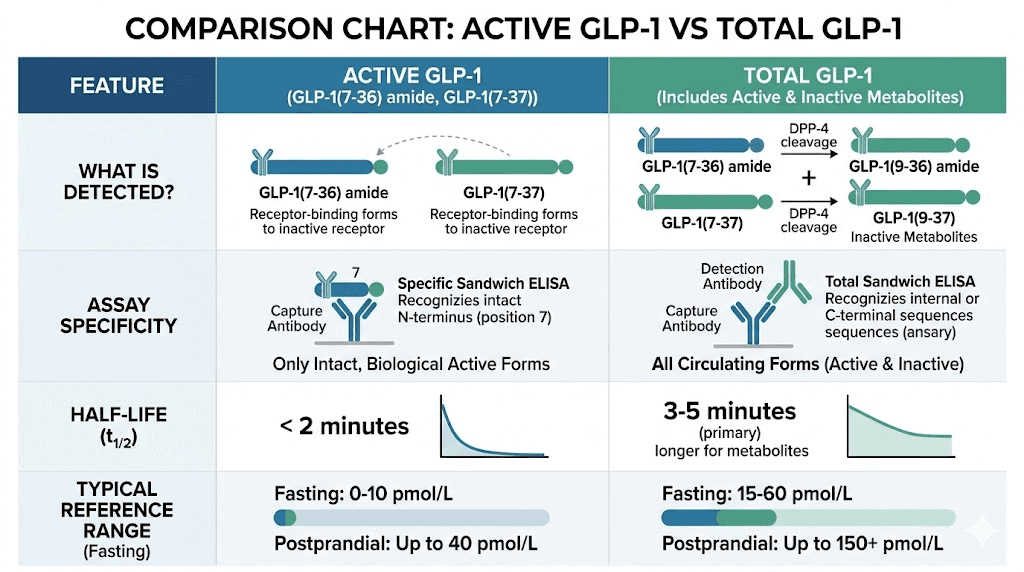 Active versus total GLP-1 ELISA comparison chart with normal reference ranges