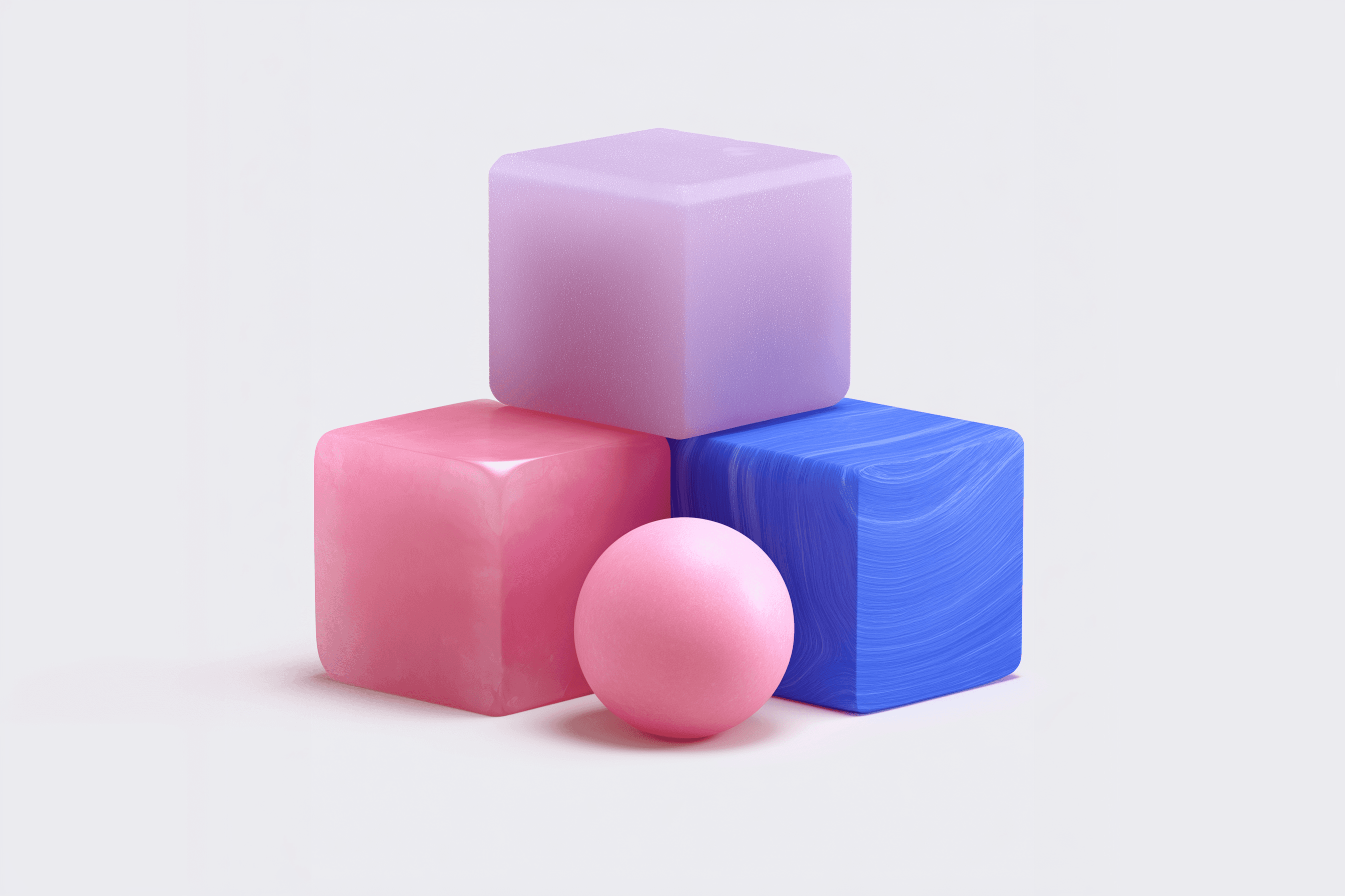 A minimal 3D arrangement of pastel geometric shapes, including pink, purple, and blue cubes with varied textures and a smooth pink sphere, displayed on a clean white background.