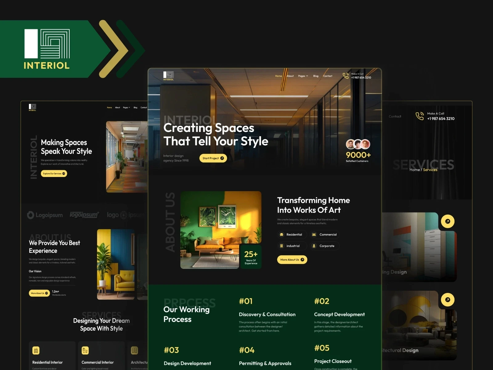 Interiol modern interior service website template featuring dark UI and vibrant room photos.