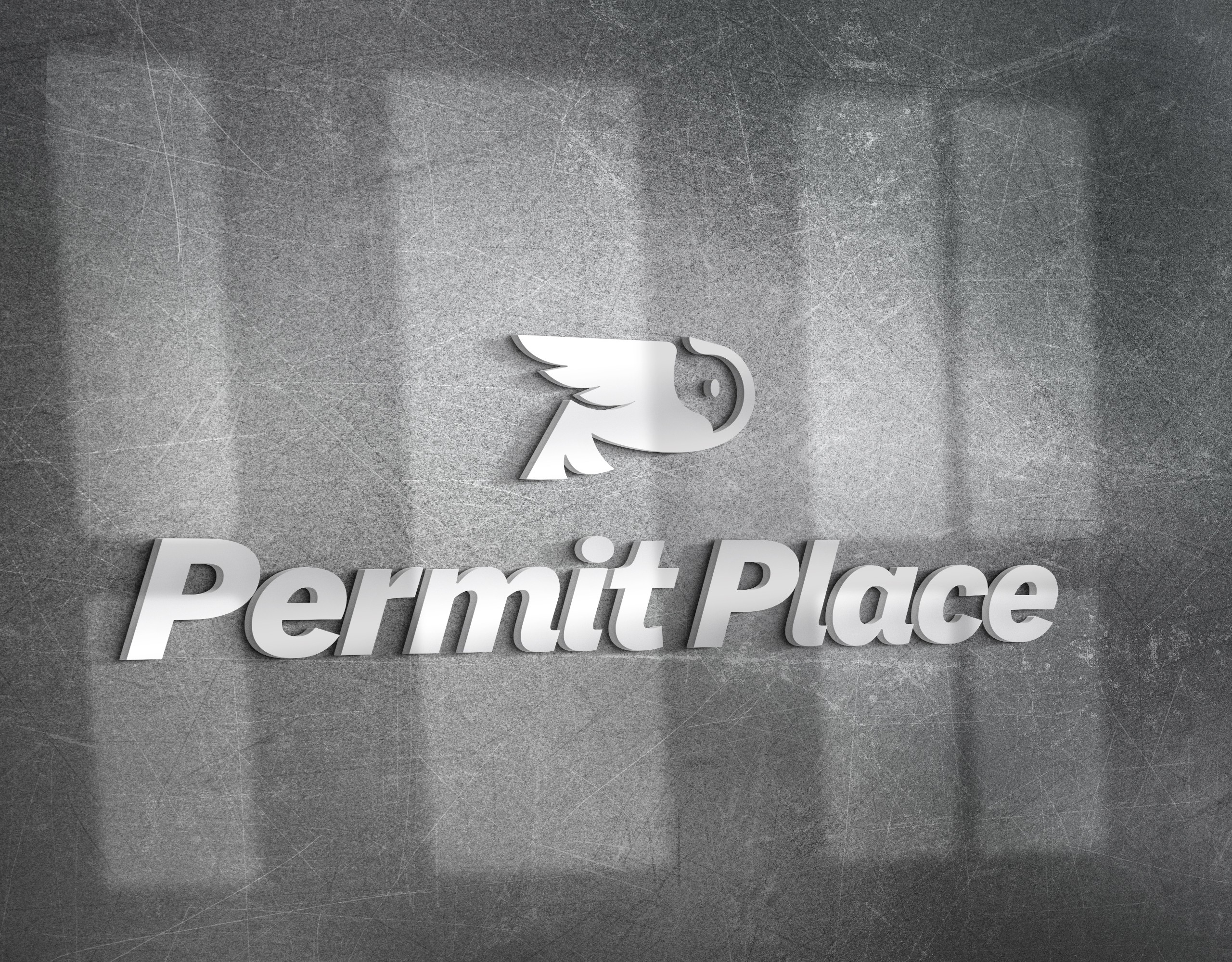 A grayscale image with the text "Permit Place" and an arrow symbol in a modern design.