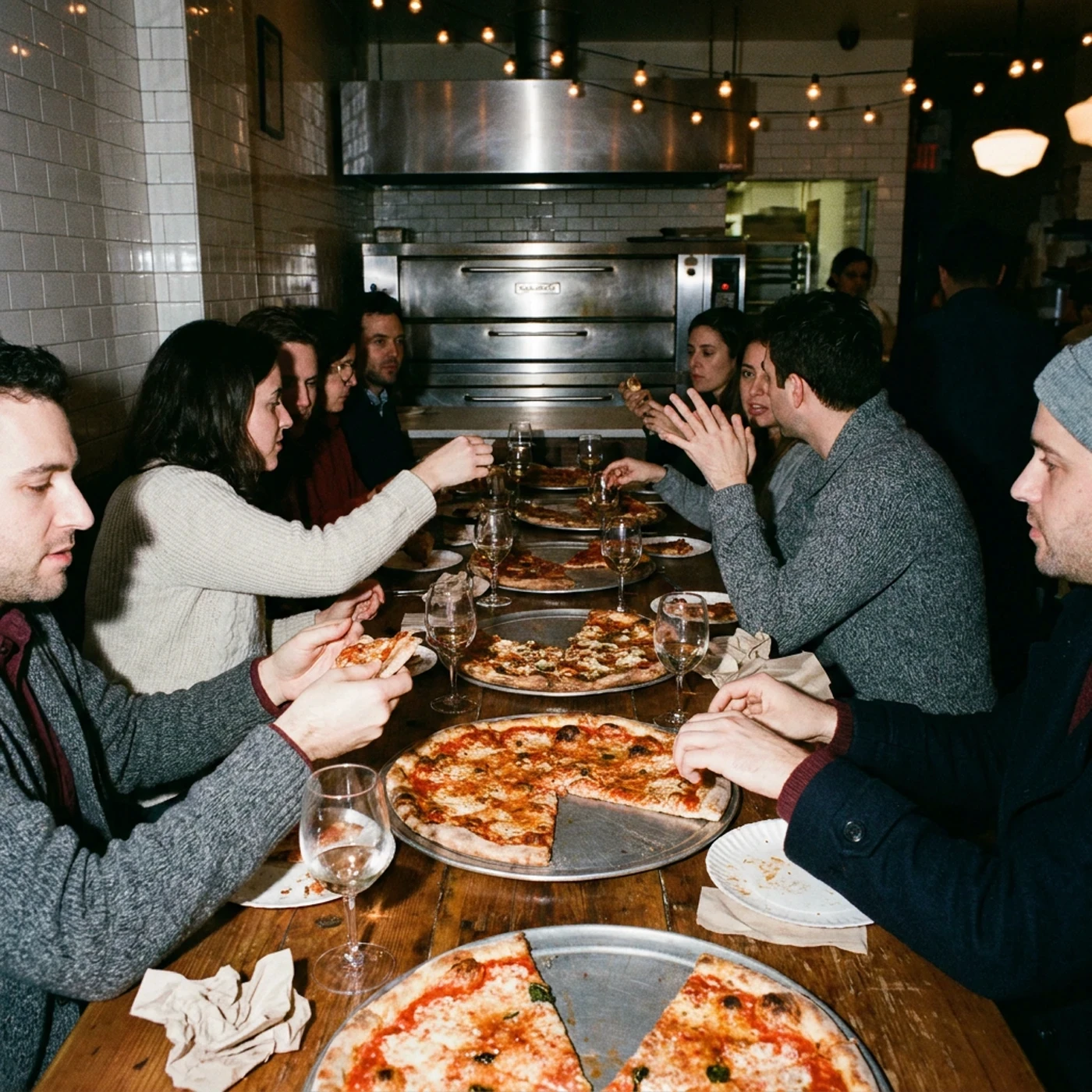 Guests around a long communal table sharing whole pizzas on steel trays
