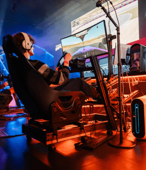 Person playing on the racing rigs