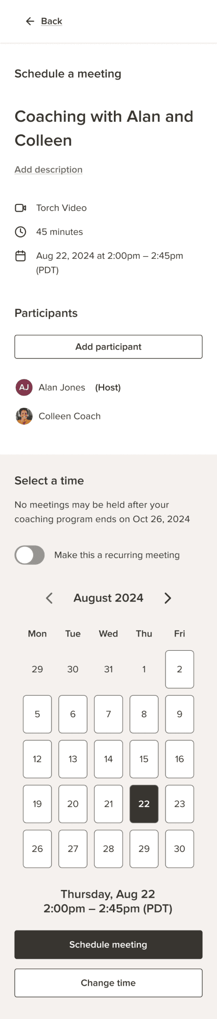 Mobile screen showing meeting interface from Torch redesign, highlighting simplified user experience.