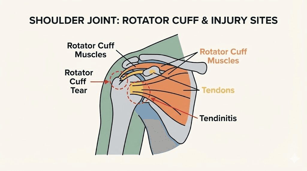 Shoulder anatomy diagram showing rotator cuff tendons and common injury locations