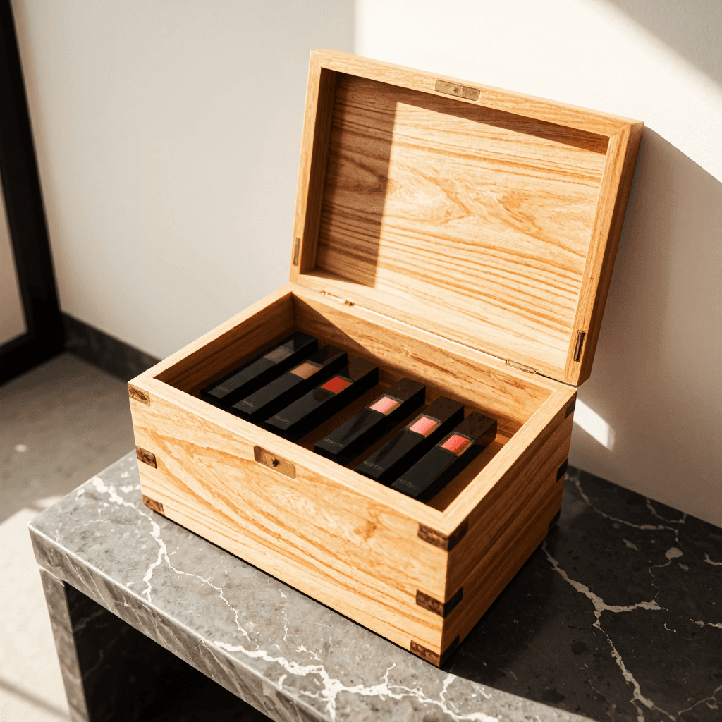 product photography of a wooden storage box with a hinged lid, used for organizing small items