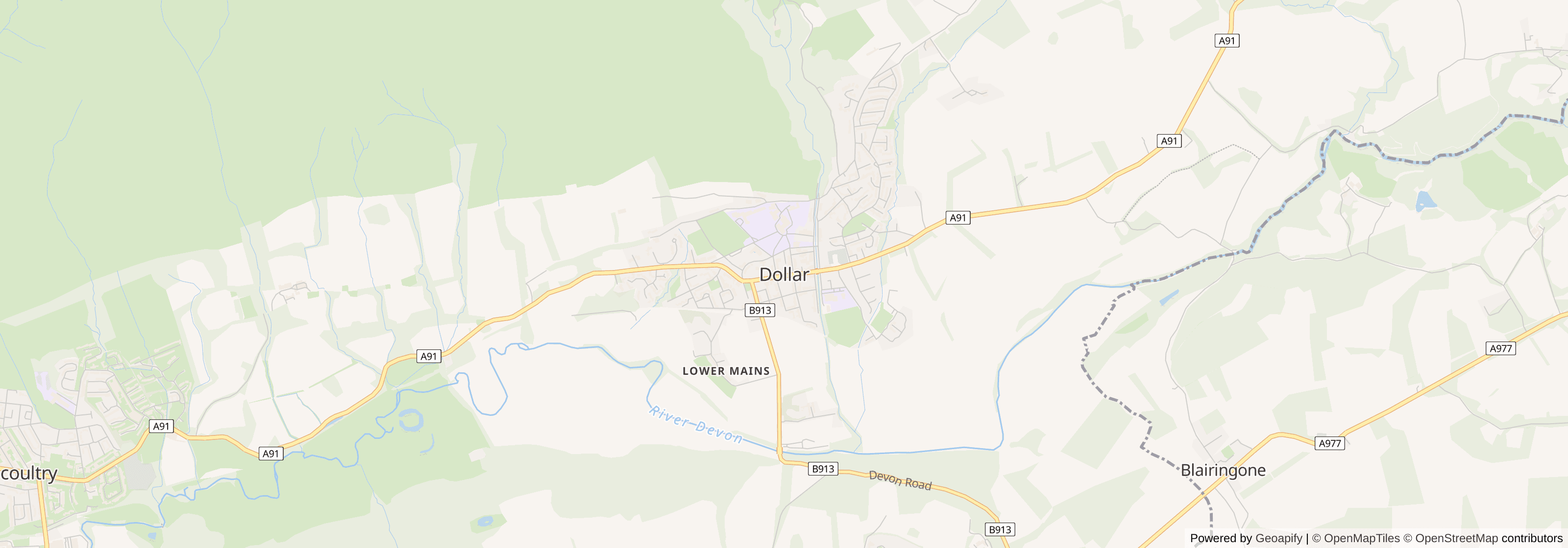 Street map of Dollar, Clackmannanshire showing main roads and nearby areas