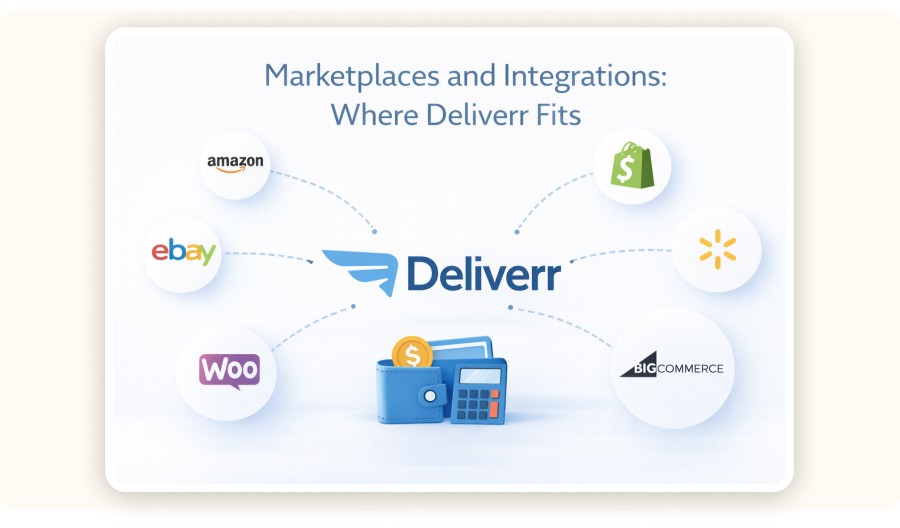 Illustration of Deliverr connected to multiple e-commerce marketplaces and integrations
