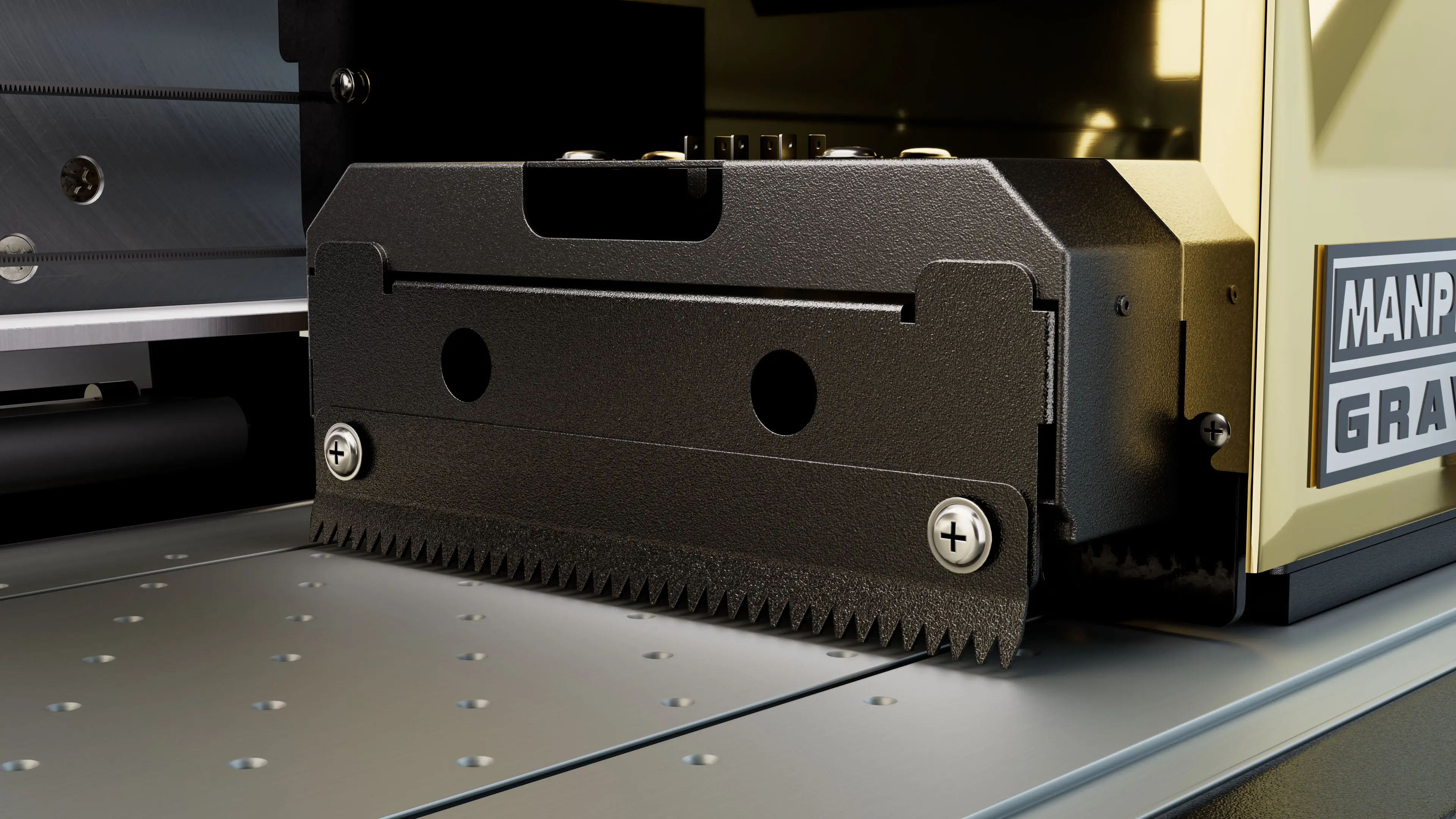 A detailed close-up of the emergency contact sensor on the printhead carriage of the Gravity Pro DTF printer, with red arrows illustrating how it immediately stops the motor upon physical contact to prevent damage.