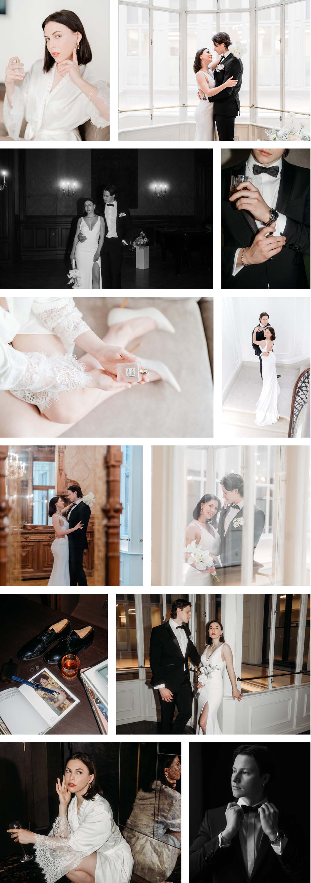 Collage einer intimen Hochzeit im cleanen Stil mit Fokus auf Details und Asccessoires.