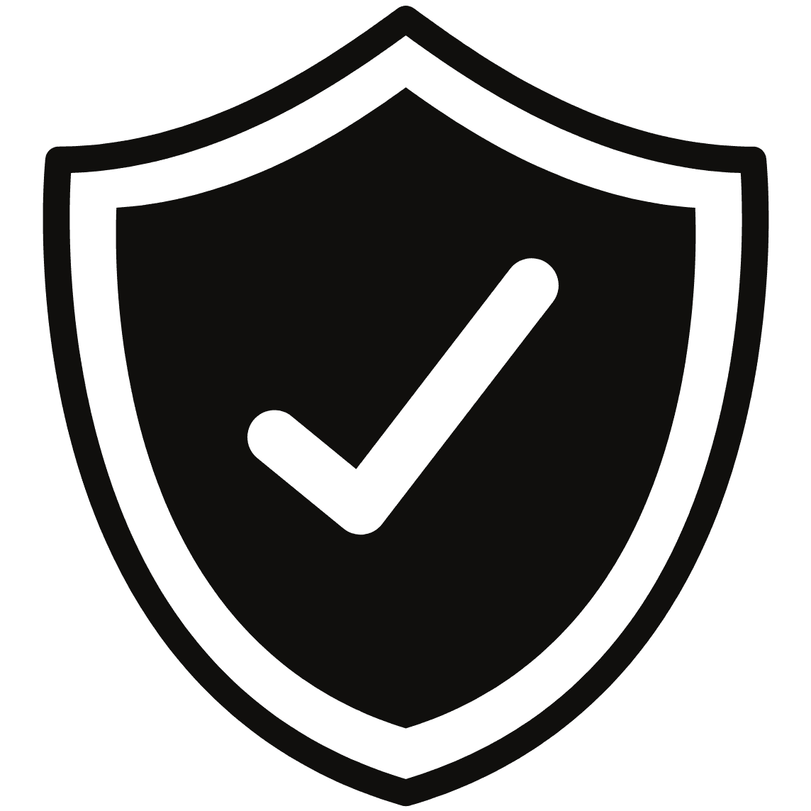 Black shield icon with a checkmark symbolizing a 1-year warranty for PCs and gaming computers. Relevant for keywords like best PC gaming, order PC, gaming PC build, computer configurator, PC build service, complete PC builds, sell my PC, sell computer parts, and computer warranty services.