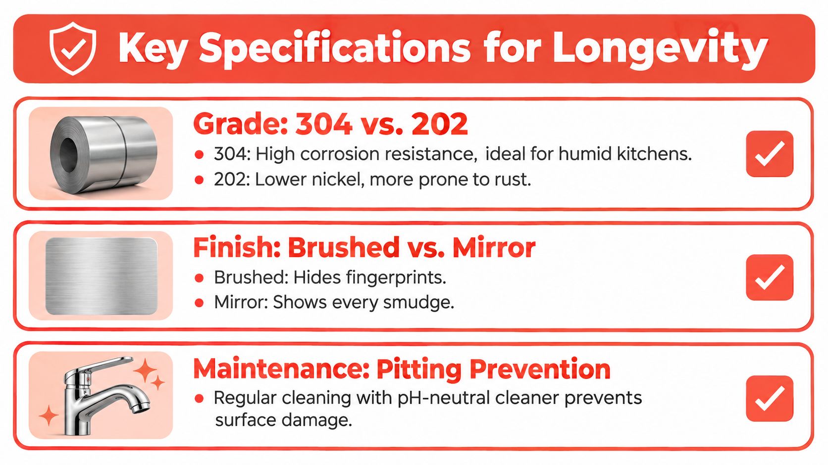 An infographic detailing key specifications for longevity in stainless steel cabinets, including grade, finish, and maintenance.