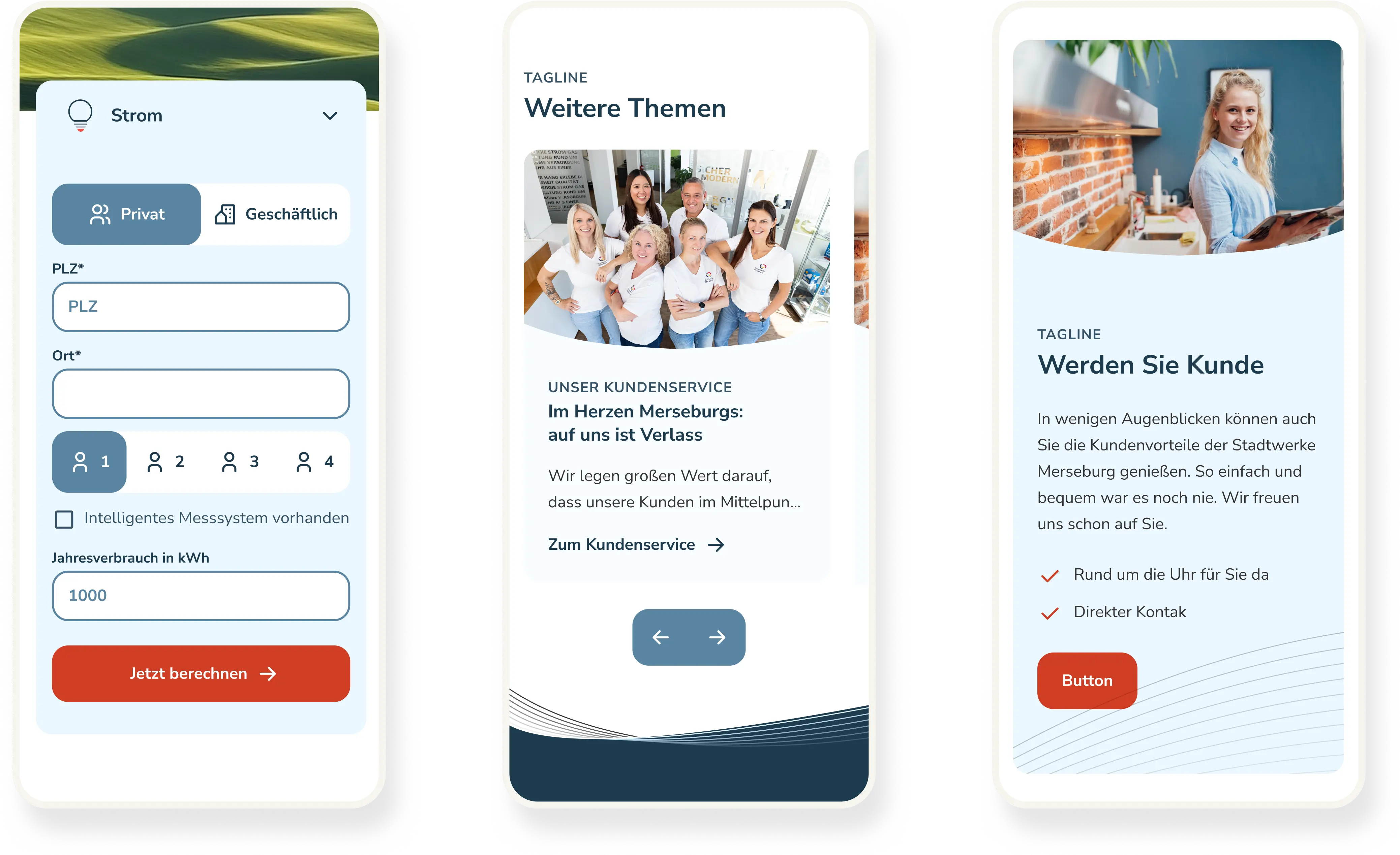 Beispielhafte Ansichten der mobilen Ansicht der Webseite