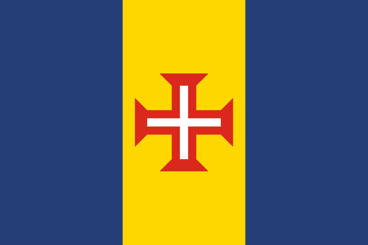 Flag of Madeira, Portugal. It features a blue, yellow, and red color scheme with a cross in the center.