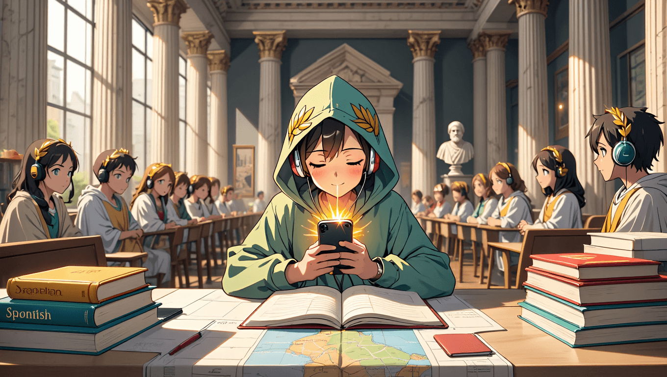 Language student surrounded by Spanish textbooks and a travel map, smartphone glowing with golden sparks