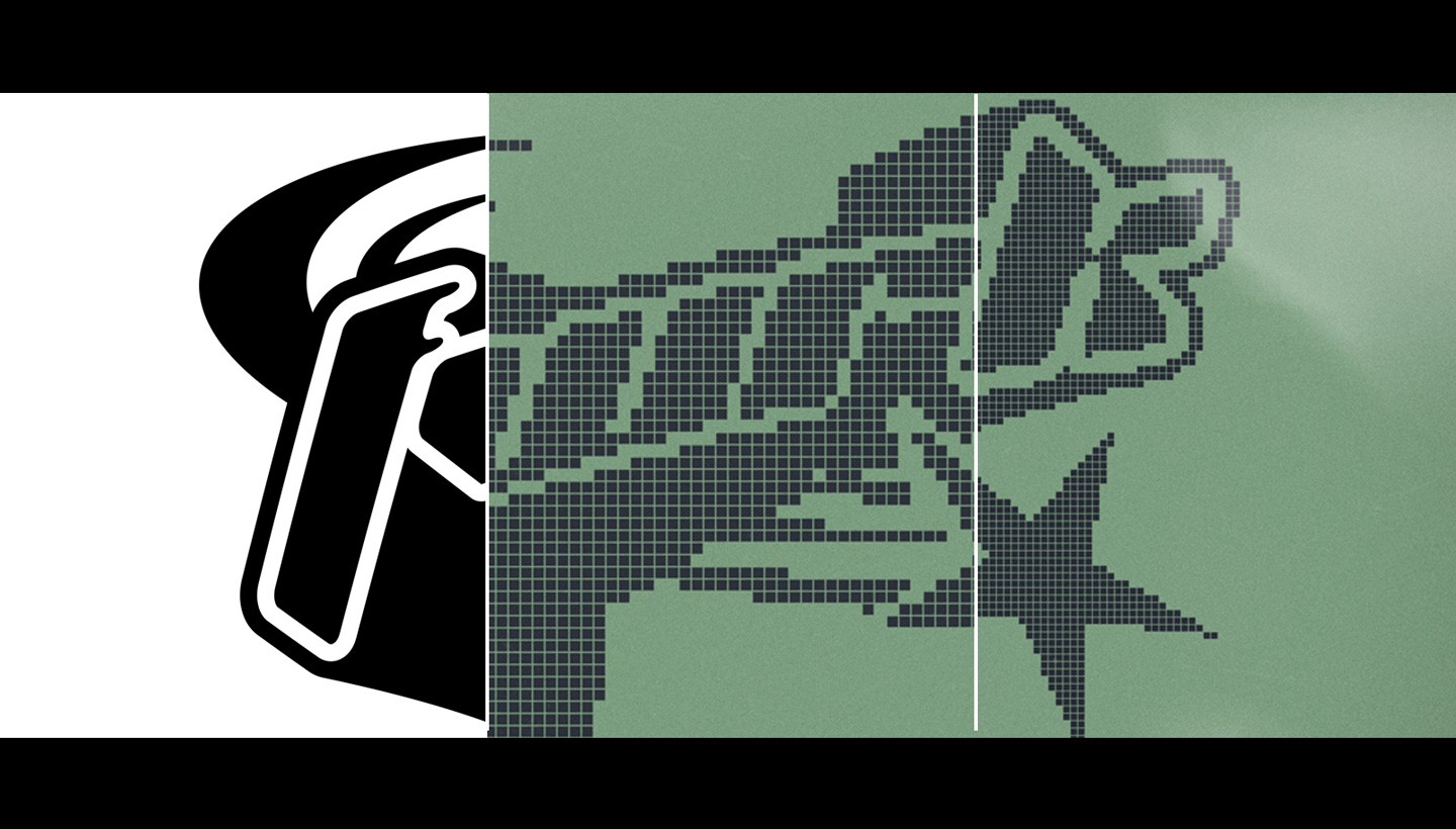 Side by side view of a flat black logo being converted into a pixelated LCD display effect