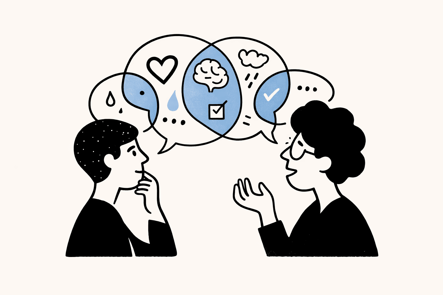 Two people facing each other in conversation, with overlapping speech bubbles above them containing icons of a heart, a brain, a checklist, and weather symbols, representing shared understanding, empathy, and thoughtful communication.