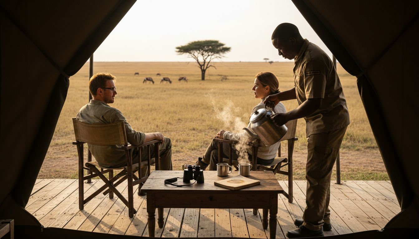 Un guía prepara y sirve té a los huéspedes en un exclusivo campamento de Namibia.