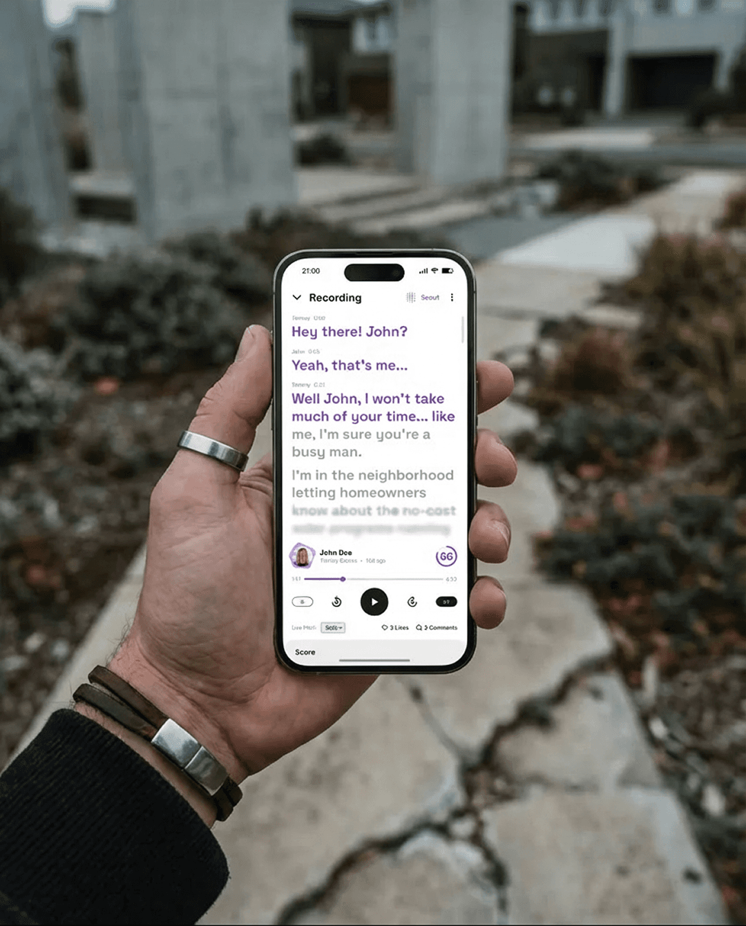 Sales rep viewing the live transcript and feedback from the sales pitch they just recieved coaching on