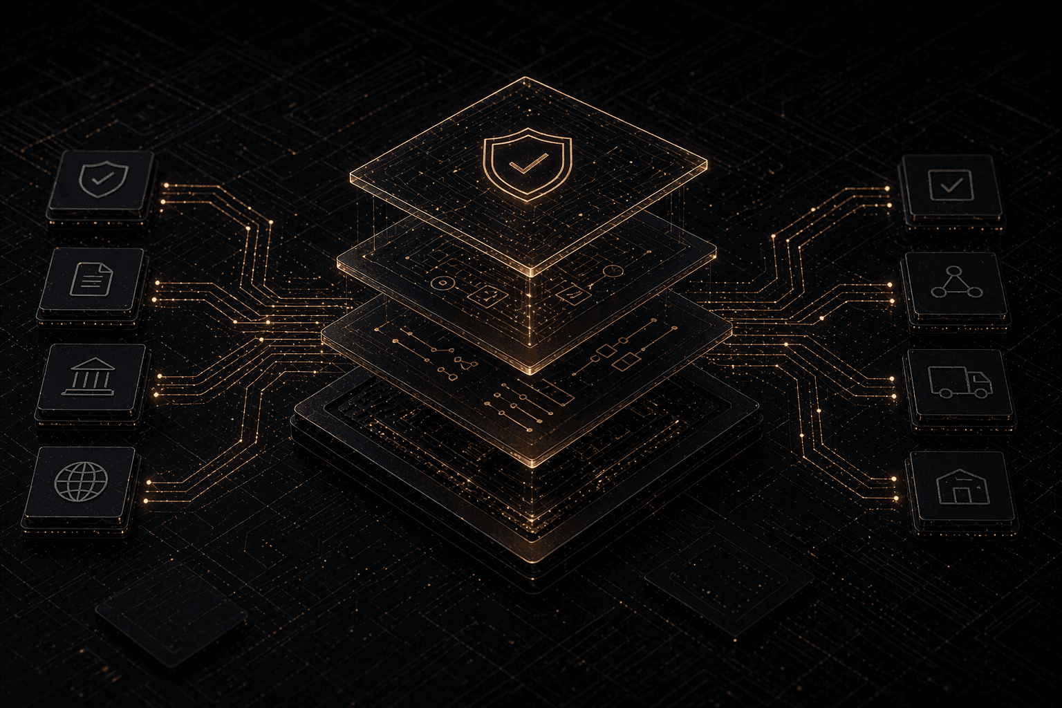 Abstract dark cybernetic control stack with glowing layered modules connected to input feeds and governed action panels, representing policy-aware control layers, scoped decision rules, and auditable enterprise execution.