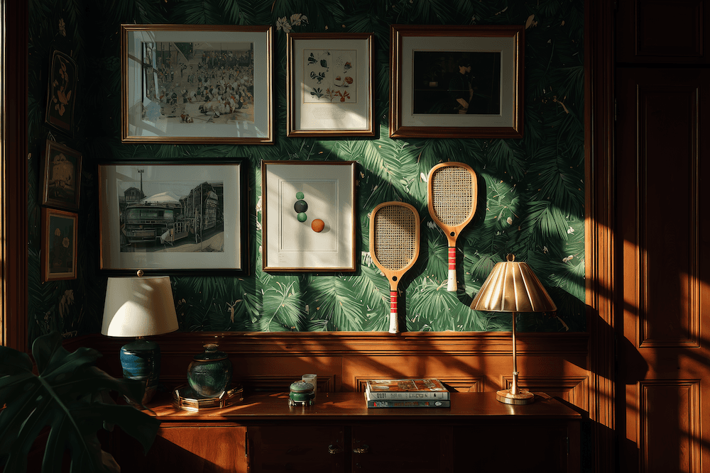 walnut desktop with green pattern wallpaper and hanging pictures and paddles