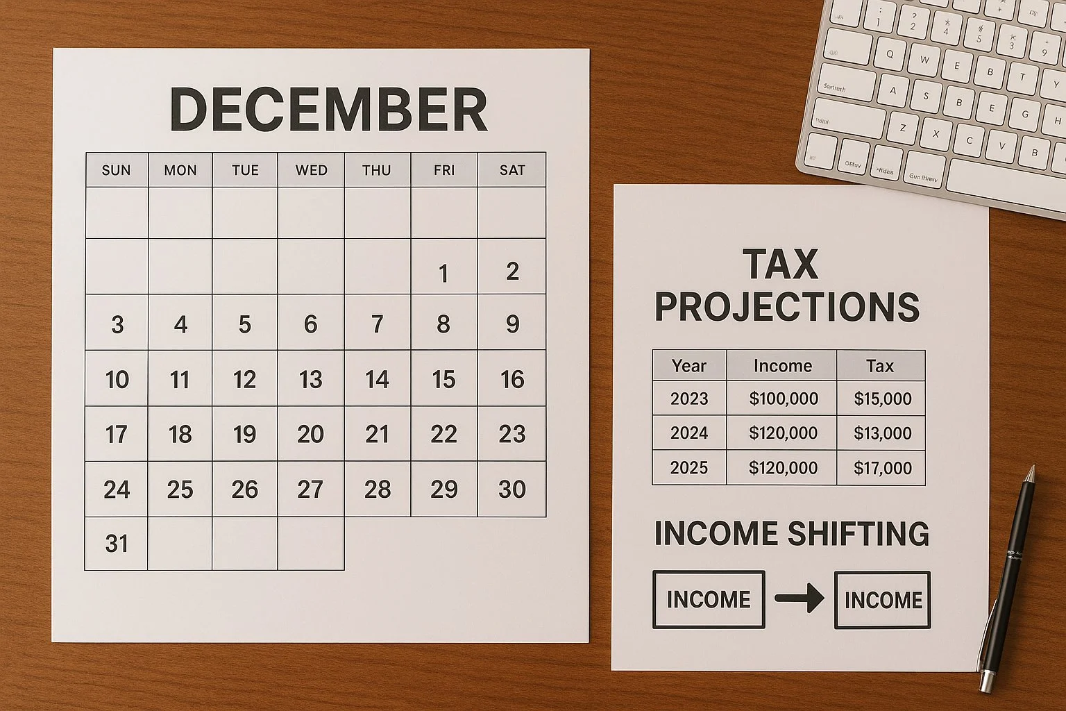 Clean workspace with a large December calendar, tax projections, and arrows showing income shifting between time periods.