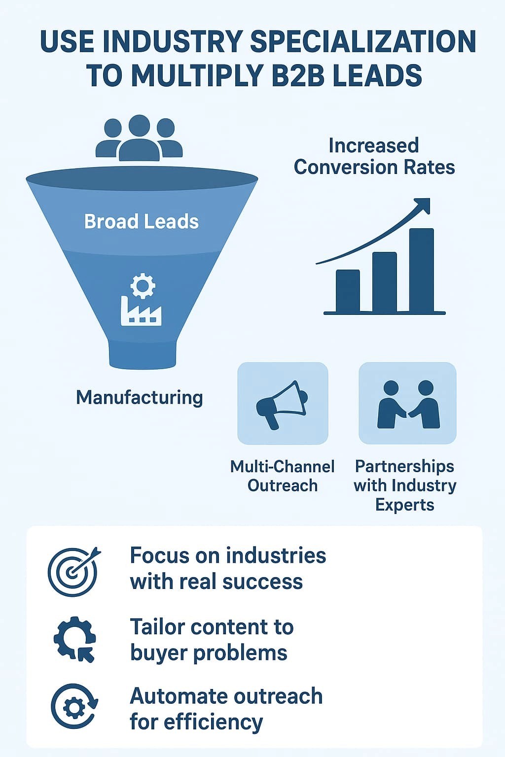 "Industry specialization enables targeted outreach, content tailored to buyer needs, and partnerships with experts to generate high-quality B2B leads."
