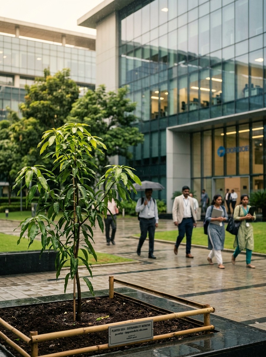 Modern living room with abstract art, beige sectional sofa, indoor plants, and large windows.