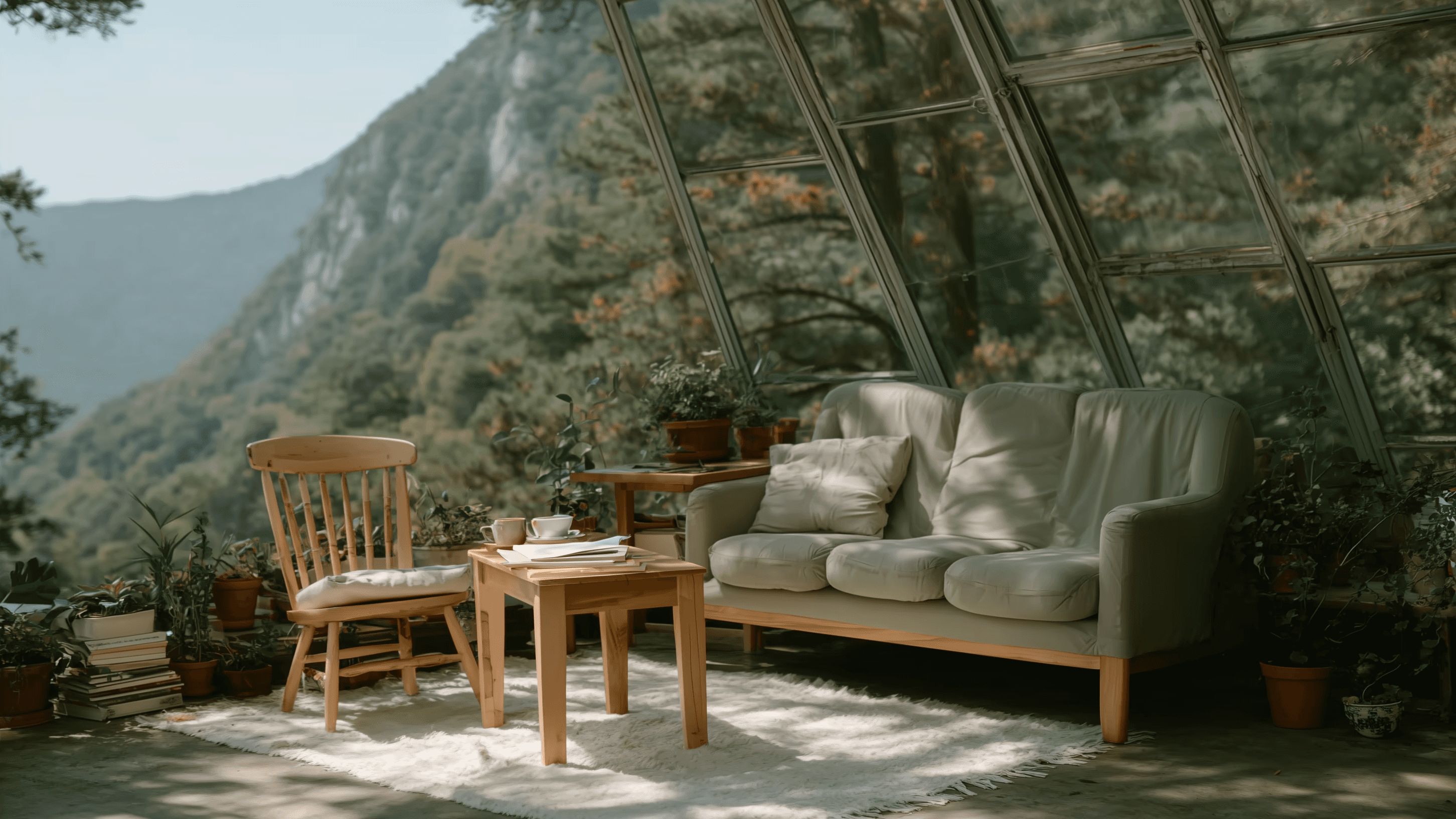 Cozy reading nook with sofa, chair, and plants inside a glass cabin with mountain forest views.