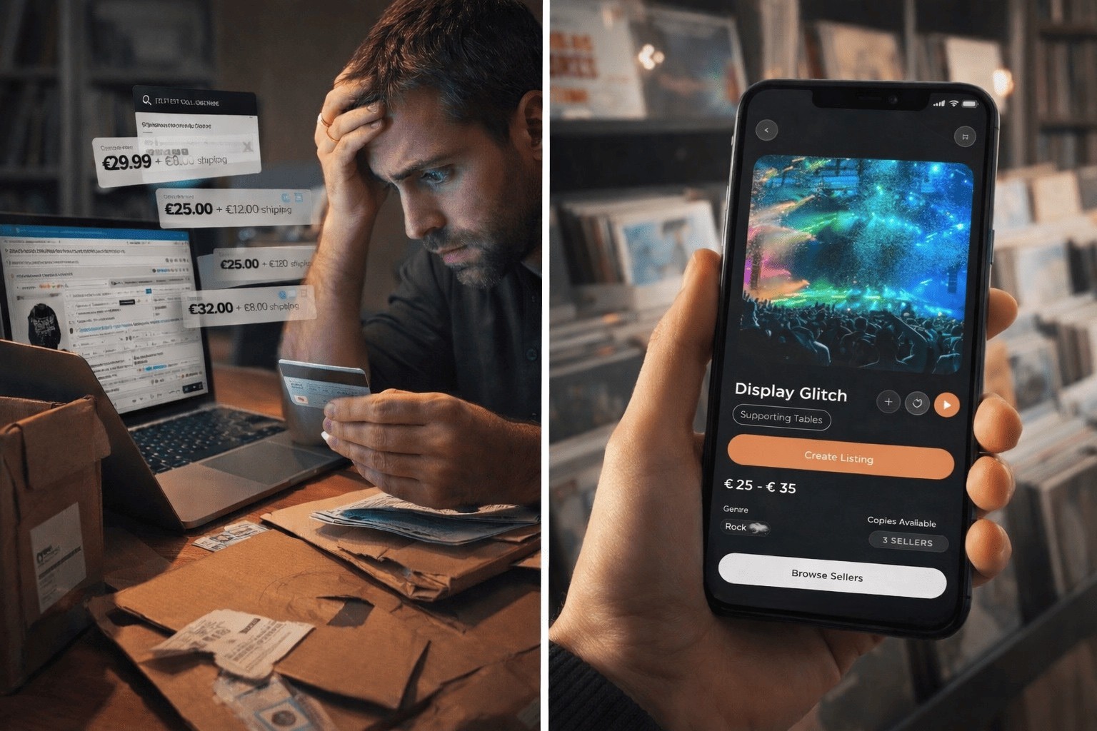 Person struggling to buy vinyl records online with multiple tabs open and payment in progress