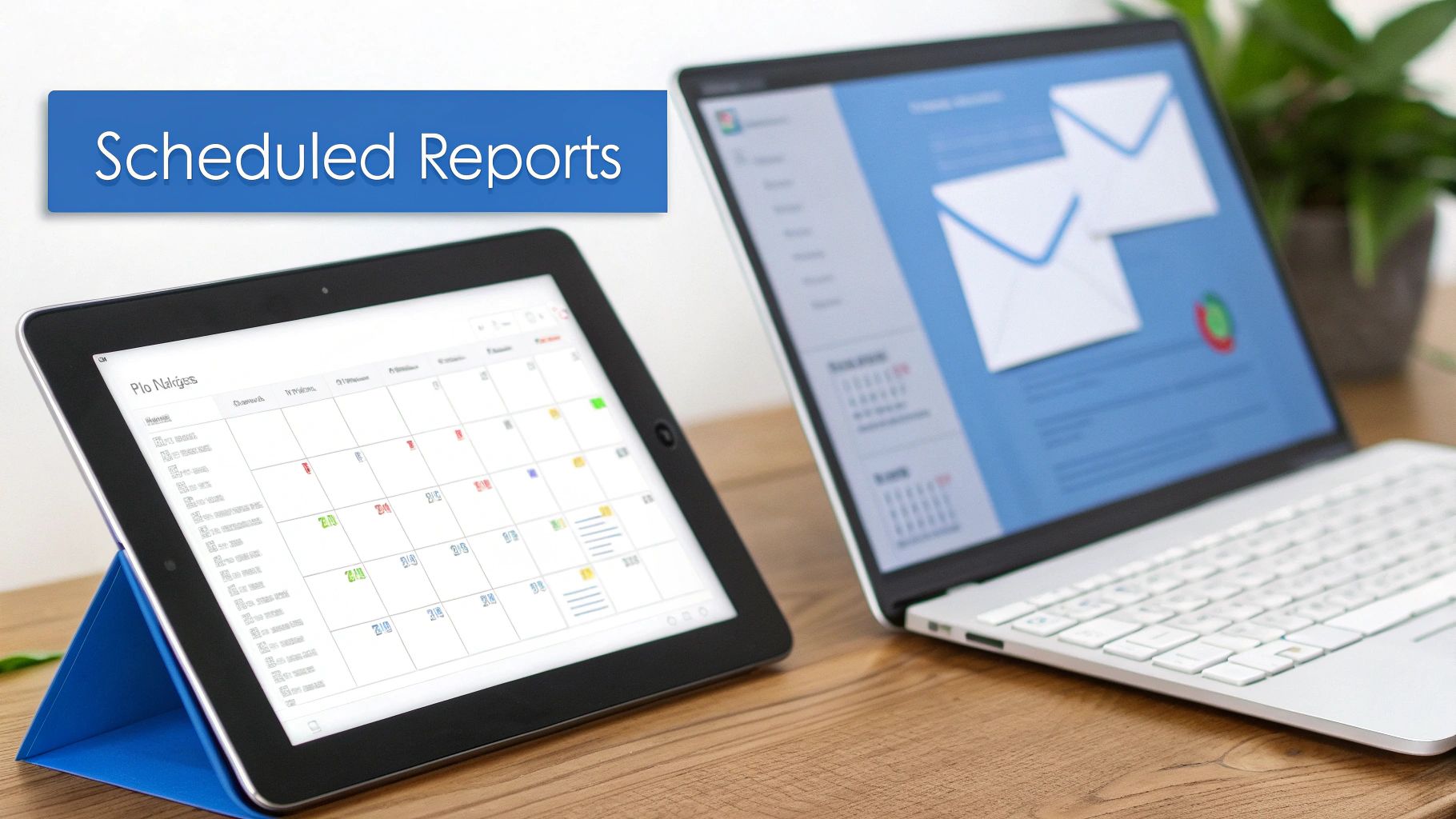 A tablet and laptop on a wooden desk displaying a calendar and email reports for scheduled tasks.