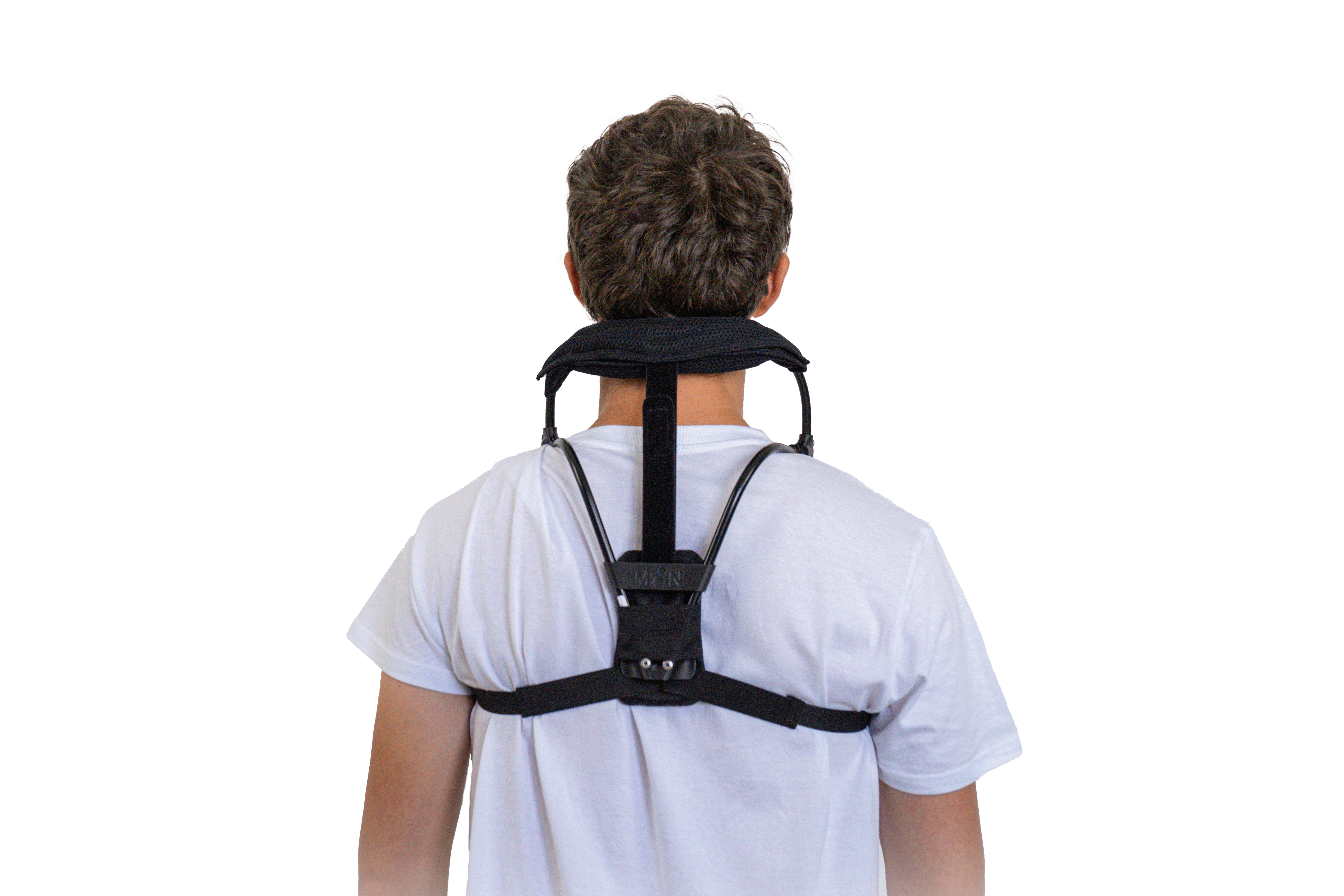 Back view of the Moon cervical exoskeleton worn by a user, showing the back harness and the ergonomic support system for the cervical region.