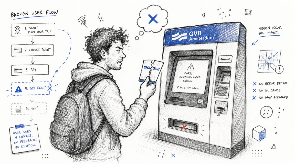 A hand-drawn illustration showing a frustrated person struggling with a broken GVB Amsterdam ticket vending machine.