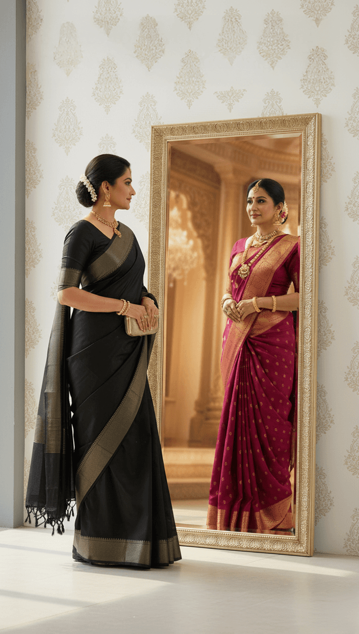 2 women wearing sarees in different settings — from formal office looks to glamorous wedding styles — showcasing versatility in draping.