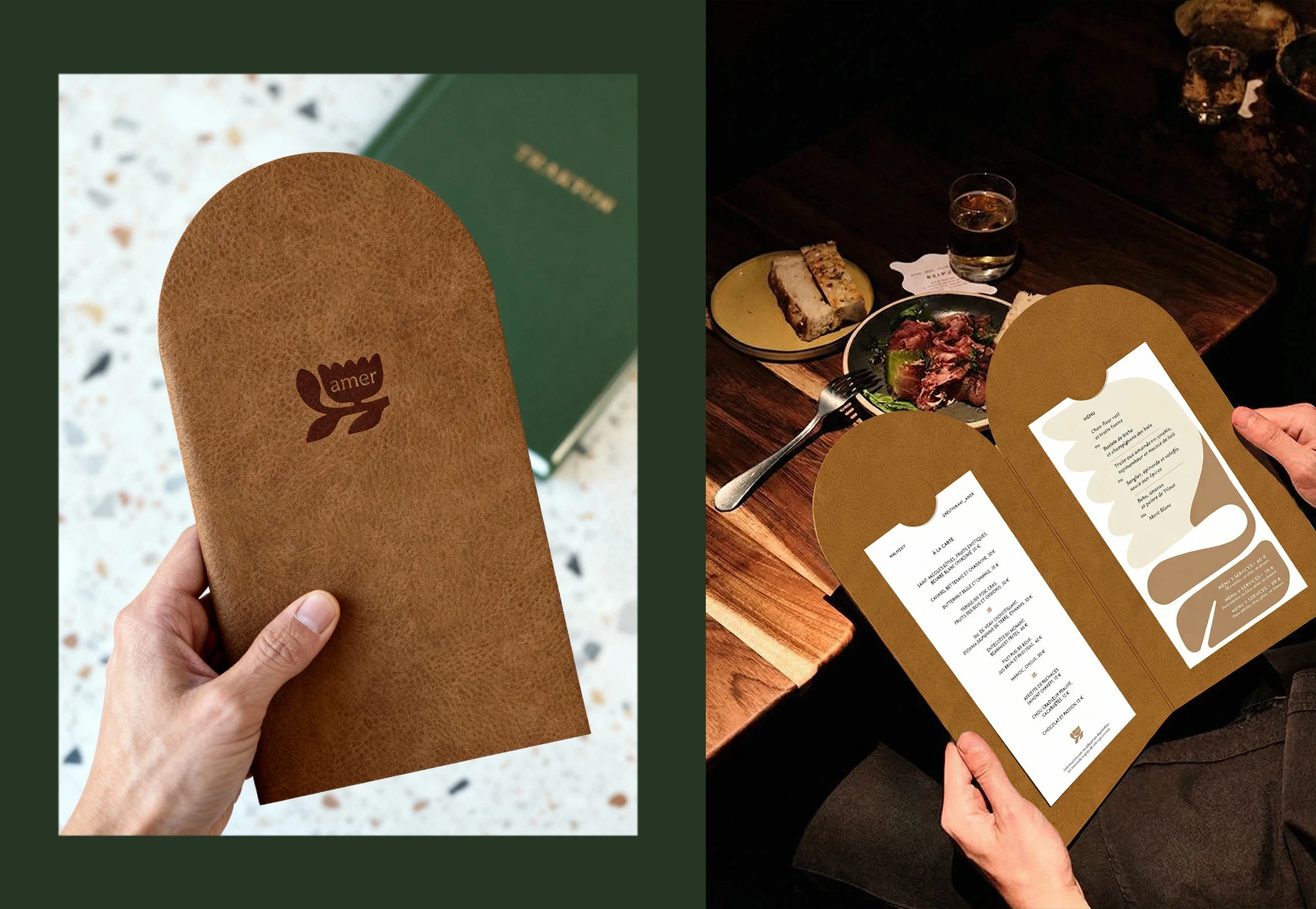 menu du restaurant amer à Malmedy. Menu arrondi et 100% prsonnalisés en cuir brun