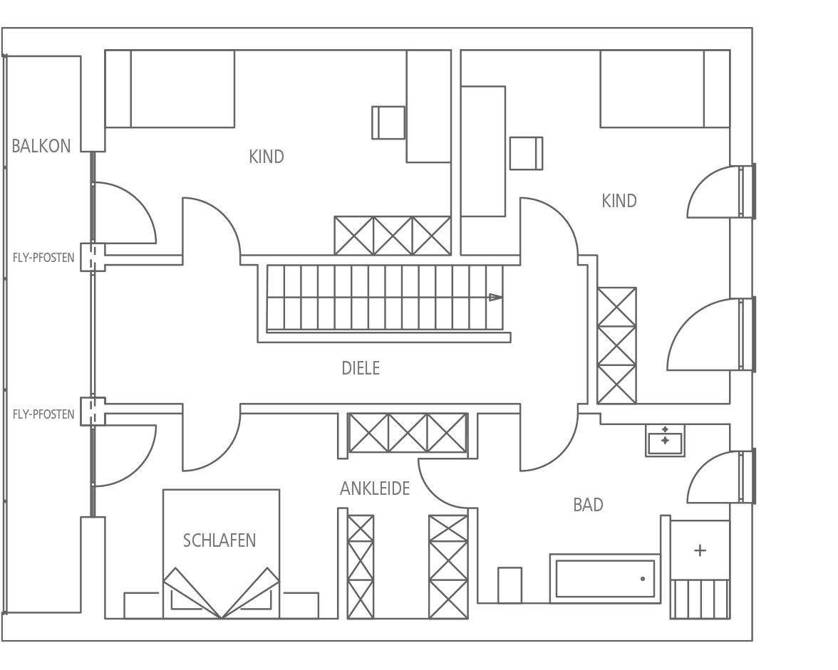 Grundriss einer Wohnung mit Schlafzimmer, Diele, Ankleide, Bad, zwei Kinderzimmern und Balkon.