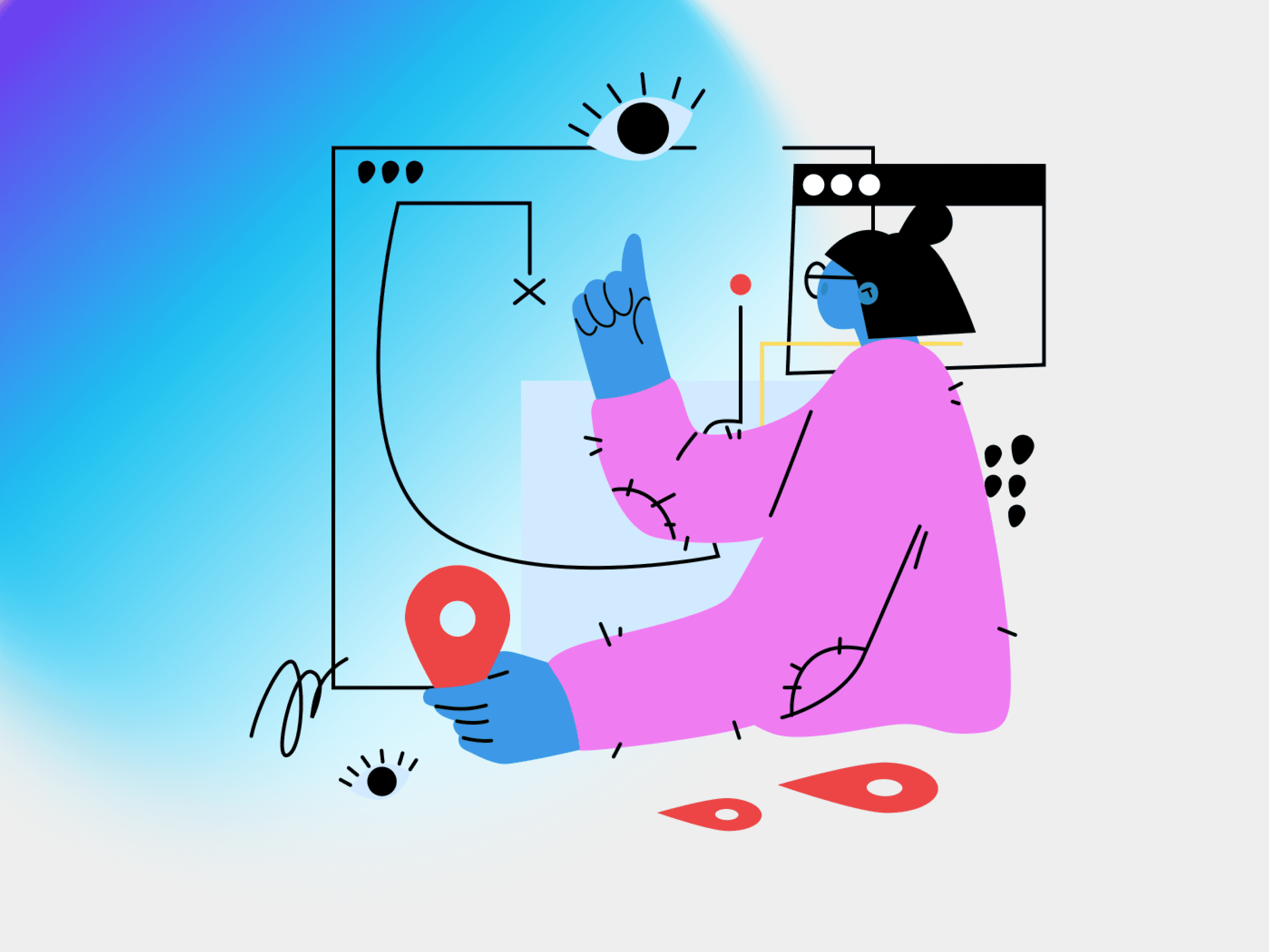 An abstract illustration of a UX architect designing product strategy and interaction logic on a digital interface, symbolizing the UI/UX transformation from operator to strategic designer.